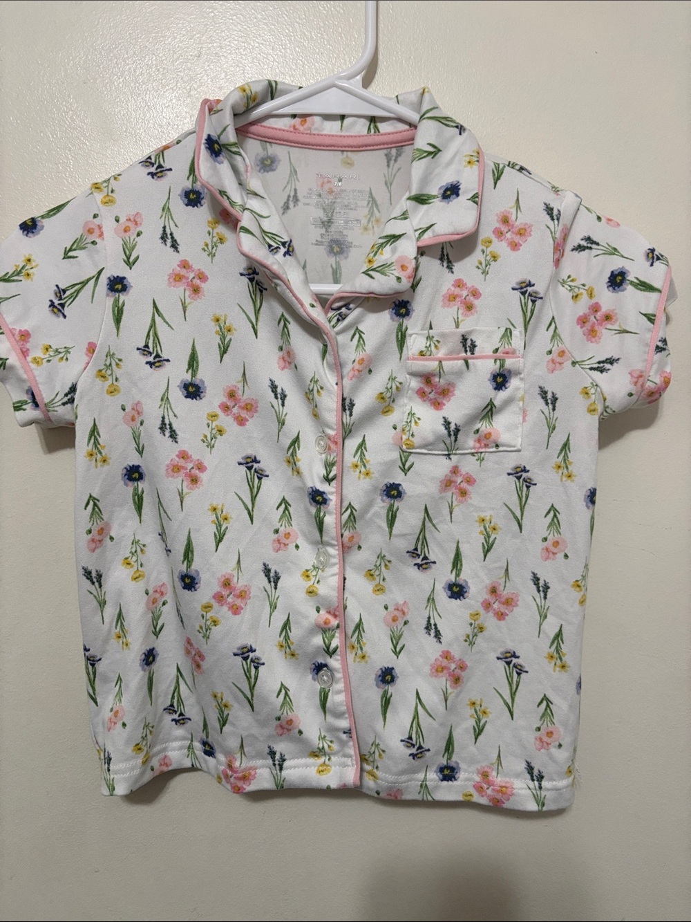 Tahari Girls' White Floral Short-Sleeve Pajama Top with Pink Trim